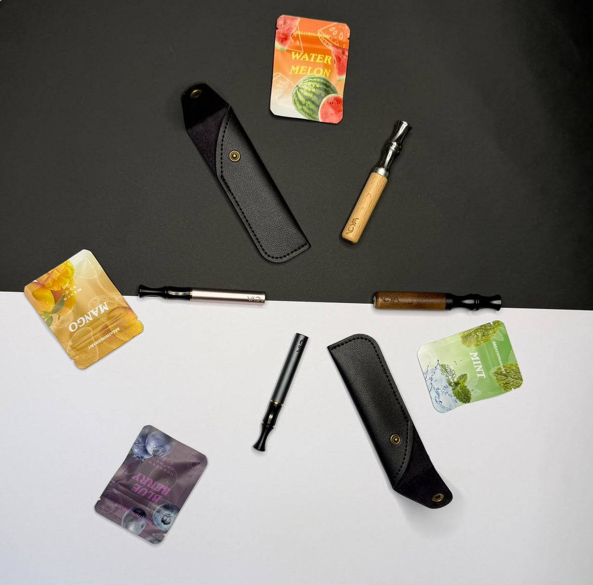 NCYA Original and Slim inhalers, covers and flavor packs on a black and white background