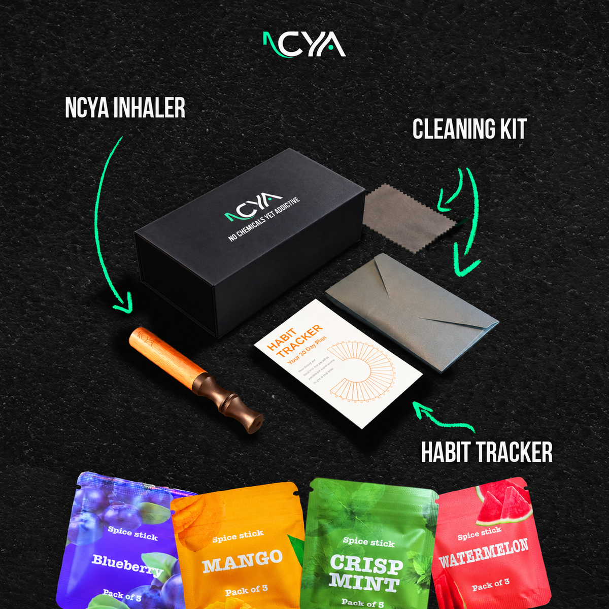 NCYA Original Brown kit — branded black NCYA box and four free flavor packs